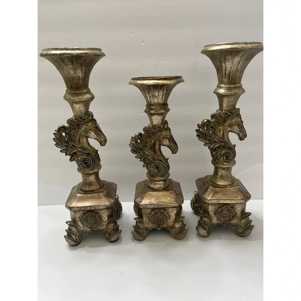 Antique-Style Candle Holders Gold-Gilt Horse Head Bust Pedestal Base Set Of 3